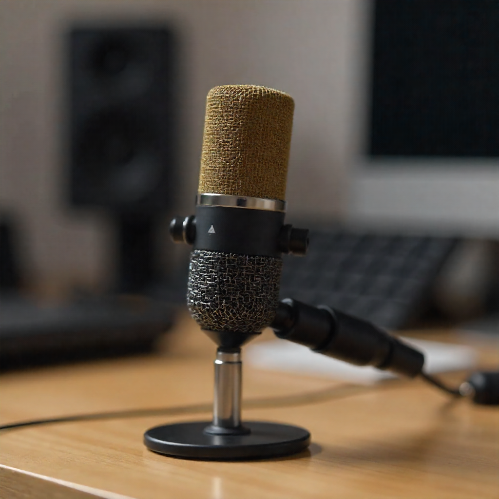 Micro USB posé sur un bureau, prêt pour enregistrer une voix-off ou un podcast avec une qualité studio.