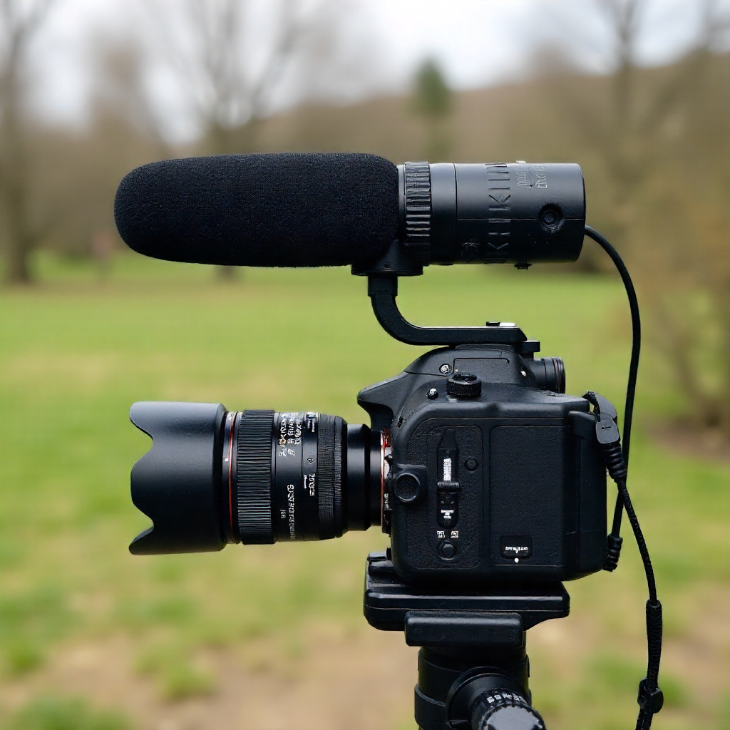 Micro shotgun monté sur une caméra de vlog pour enregistrer un son clair en extérieur.