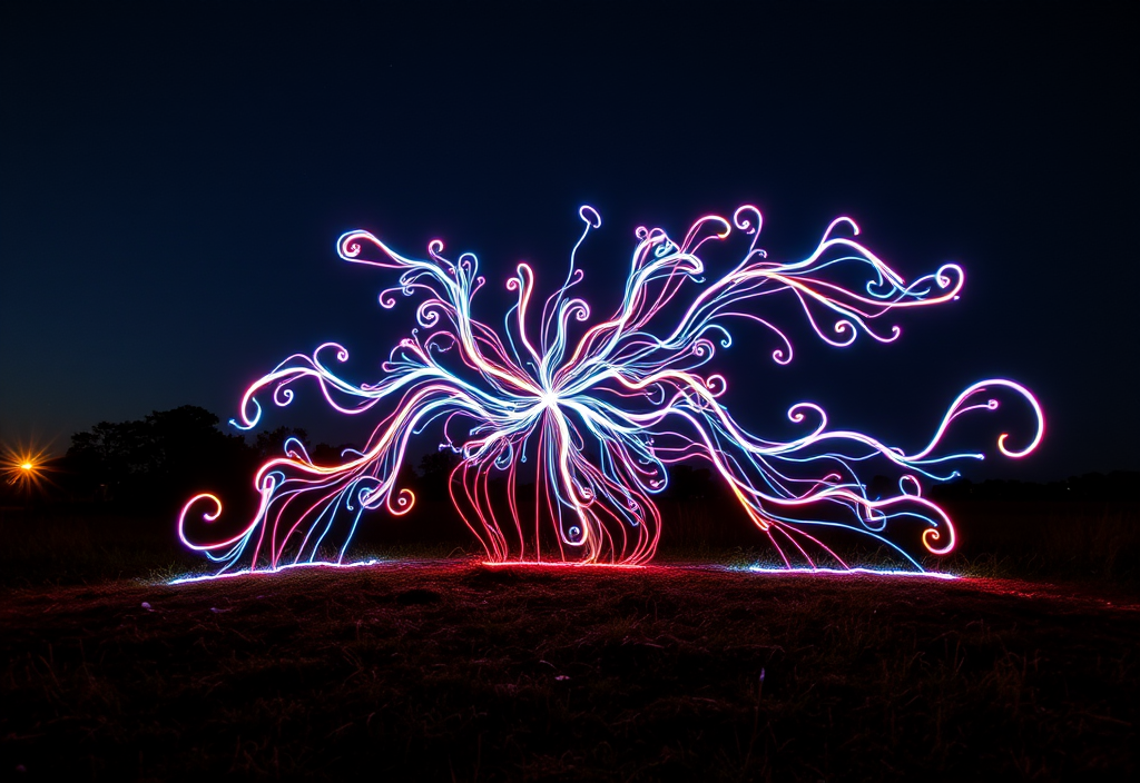 Light Painting : Guide Créatif Ultime pour Photographier la Nuit, le Ciel Étoilé et la Voie Lactée 4 Peinture lumineuse realisee a la main lors dune pose longue en exterieur de nuit