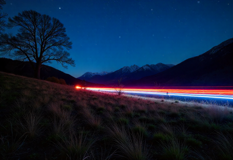 Photo de light painting nocturne avec traînées lumineuses colorées dans un paysage sombre