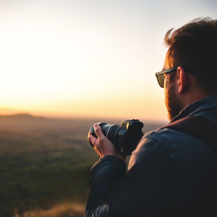 Comment choisir son objectif photo ? Le guide ultime 2026 (Grand angle, Macro, 50mm, Zooms) 12 Photographe contemplant un paysage avec son appareil symbolisant la recherche de style et lexpression personnelle
