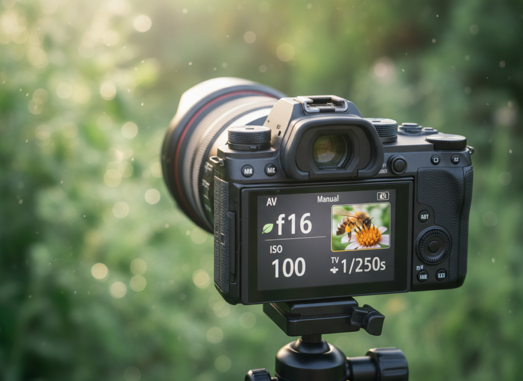 Reglages macro sur appareil photo montrant ouverture ISO et vitesse