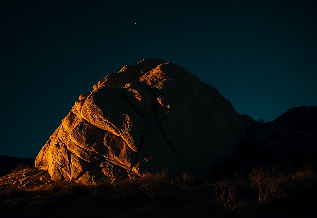 Light Painting : Guide Créatif Ultime pour Photographier la Nuit, le Ciel Étoilé et la Voie Lactée 12 Rocher mis en valeur par un eclairage directionnel en light painting nocturne