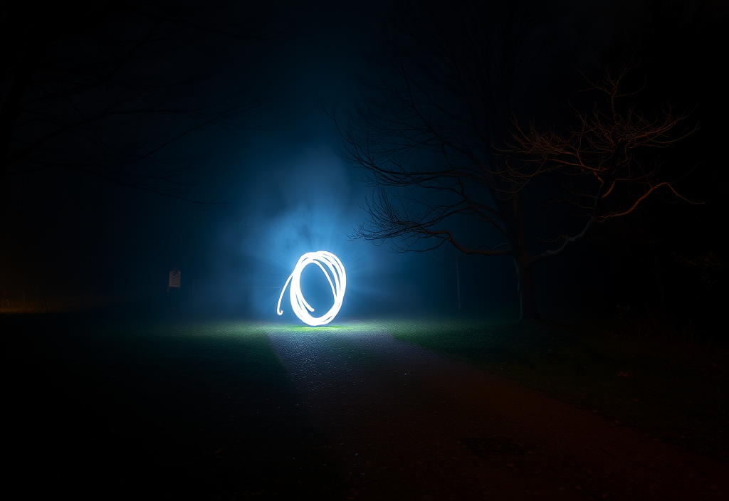 Light Painting : Guide Créatif Ultime pour Photographier la Nuit, le Ciel Étoilé et la Voie Lactée 3 Scène de photographie nocturne créative avec light painting et ambiance mystérieuse