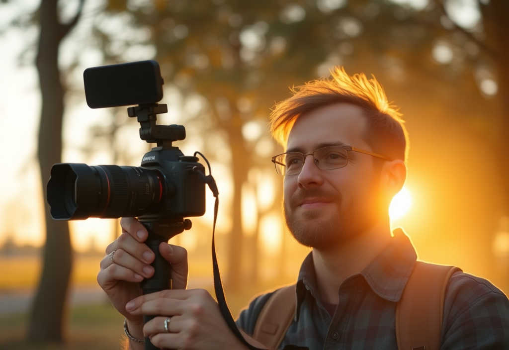 Scène immersive où un créateur filme sa journée, caméra à la main et lumière dorée derrière lui.
