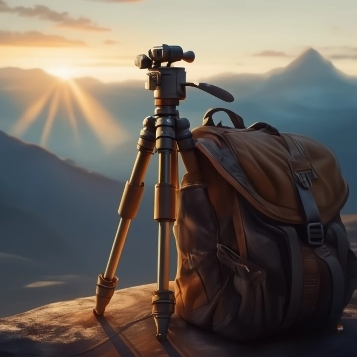 Trepied de voyage compact fixe a un sac a dos symbole de liberte et de photographie nomade. cleanup