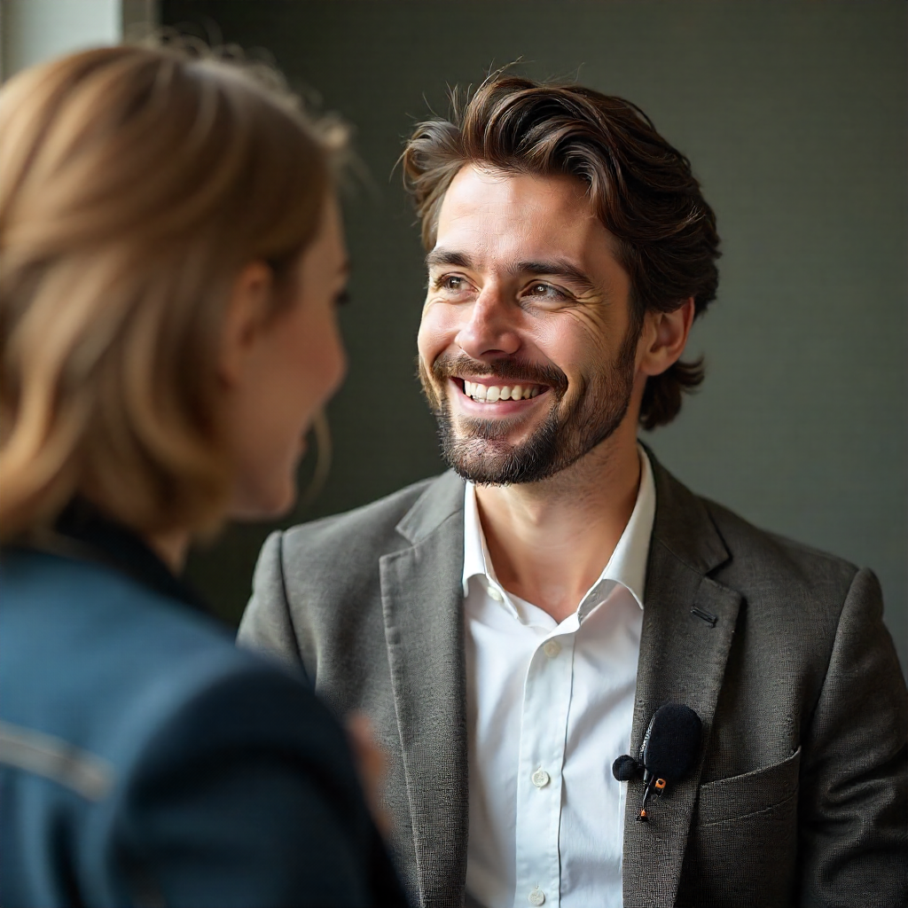 Vlogger portant un micro cravate discret pour filmer une interview naturelle