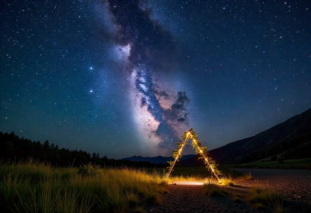 Light Painting : Guide Créatif Ultime pour Photographier la Nuit, le Ciel Étoilé et la Voie Lactée 5 Voie lactée brillante photographiée de nuit avec un premier plan éclairé en light painting