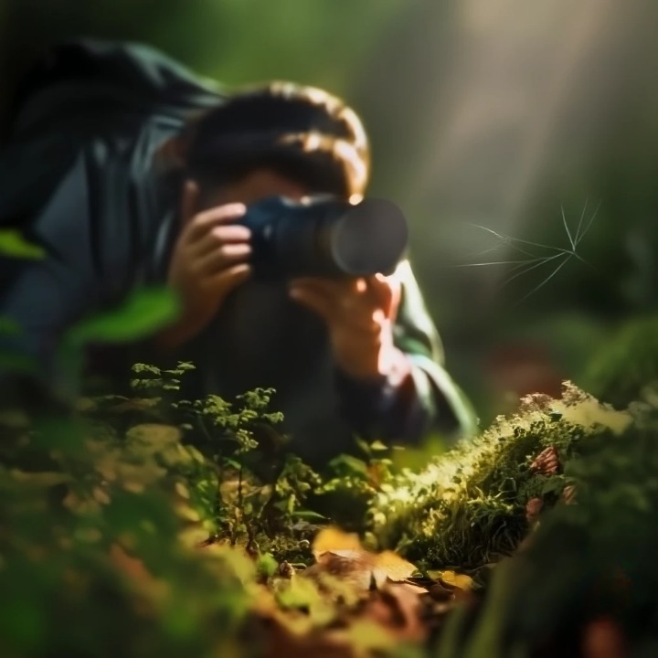 Photographe en pleine observation de la nature lors d’une séance macro