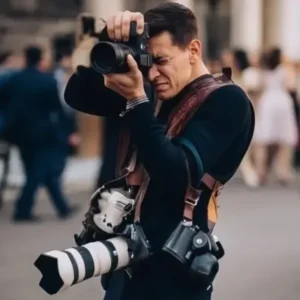 Accueil 2 Photographe professionnel tenant un appareil photo équipé d'une sangle avec plusieurs boîtiers photo suspendus de chaque côté