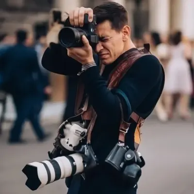 Photographe professionnel tenant un appareil photo équipé d'une sangle avec plusieurs boîtiers photo suspendus de chaque côté