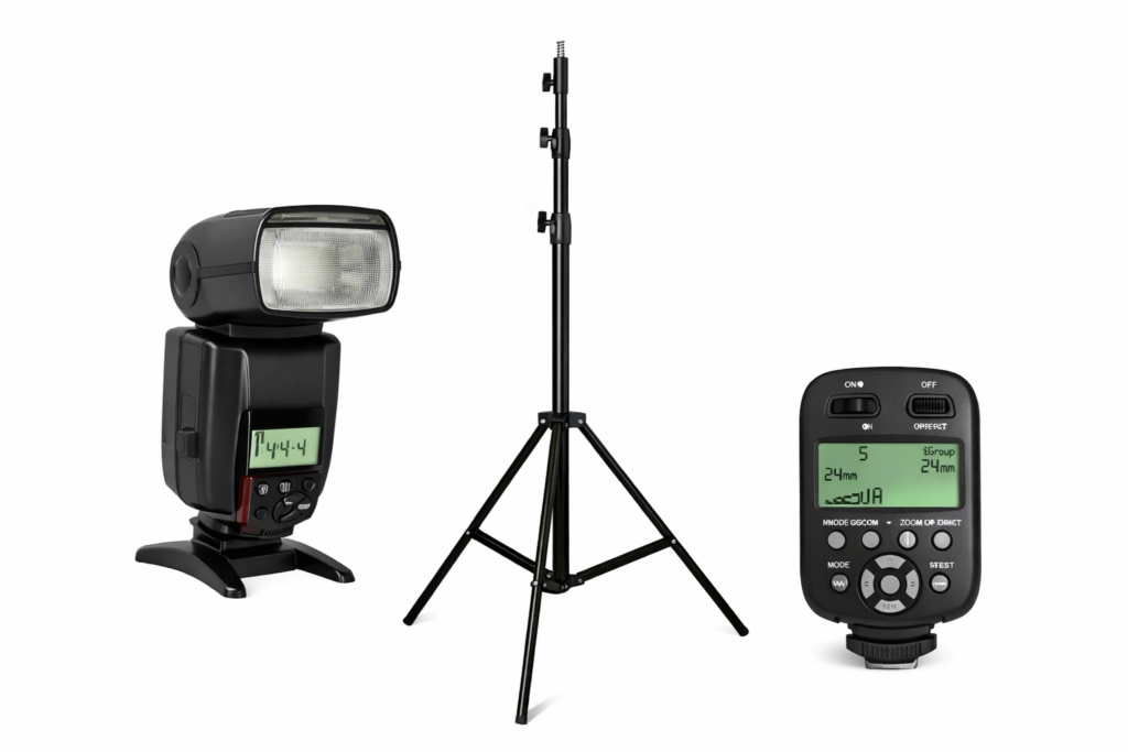 Flashs et Éclairage Photo pour Débutants – Comprendre, Choisir et Maîtriser la Lumière 7 Kit de matériel d'éclairage photo pour débutant incluant un flash cobra, un pied lumière et un déclencheur radio.