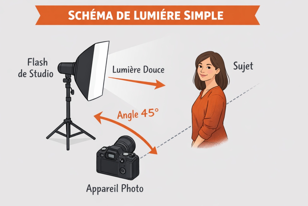 Flashs et Éclairage Photo pour Débutants – Comprendre, Choisir et Maîtriser la Lumière 3 Schéma d'éclairage photo studio simple avec une seule source de lumière pour débutant en portrait.